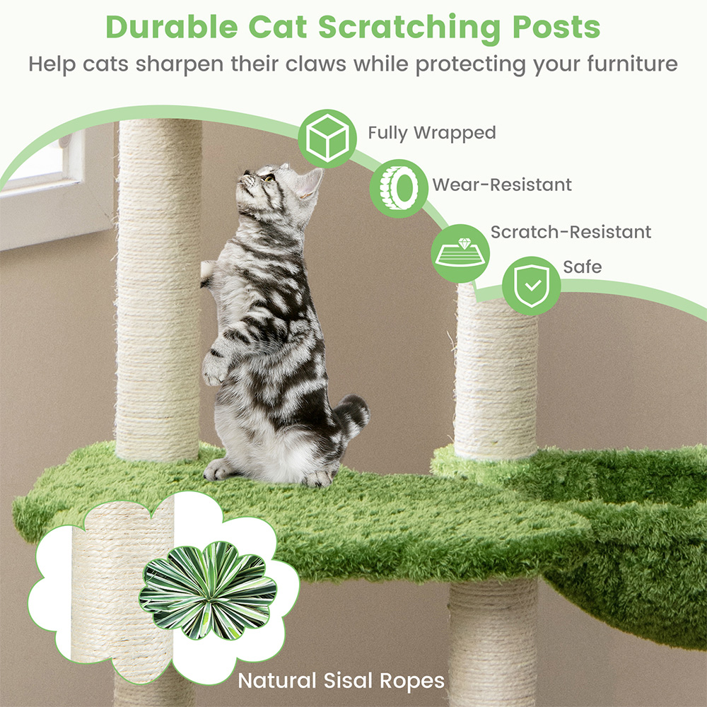 Costway Green Wooden Cat Tree with Sisal Scratching Posts 139cm Image 5
