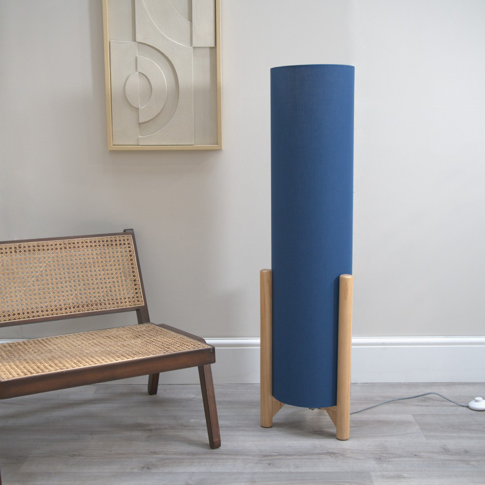 ValueLights Henry Tall Navy Fabric Shade Wooden Base Midi LED Floor Lamp Image 3