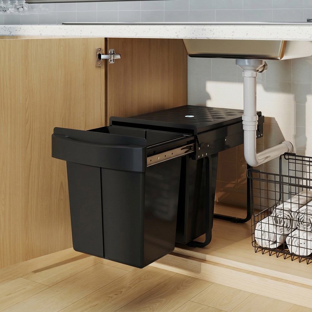 HOMCOM 2 Compartment Black Steel Pull Out Kitchen Recycling Cupboard Bin 40L Image 8