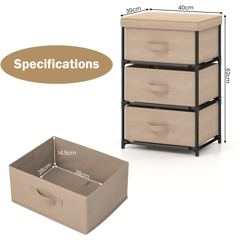Costway 3 Drawer Coffee Fabric Nightstand with Removable Lid Image 9