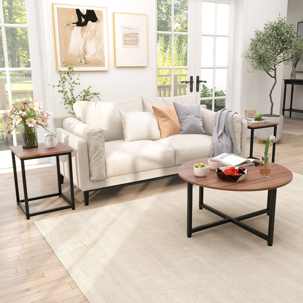 Costway Walnut Metal Coffee Table Set of 3 Image 4