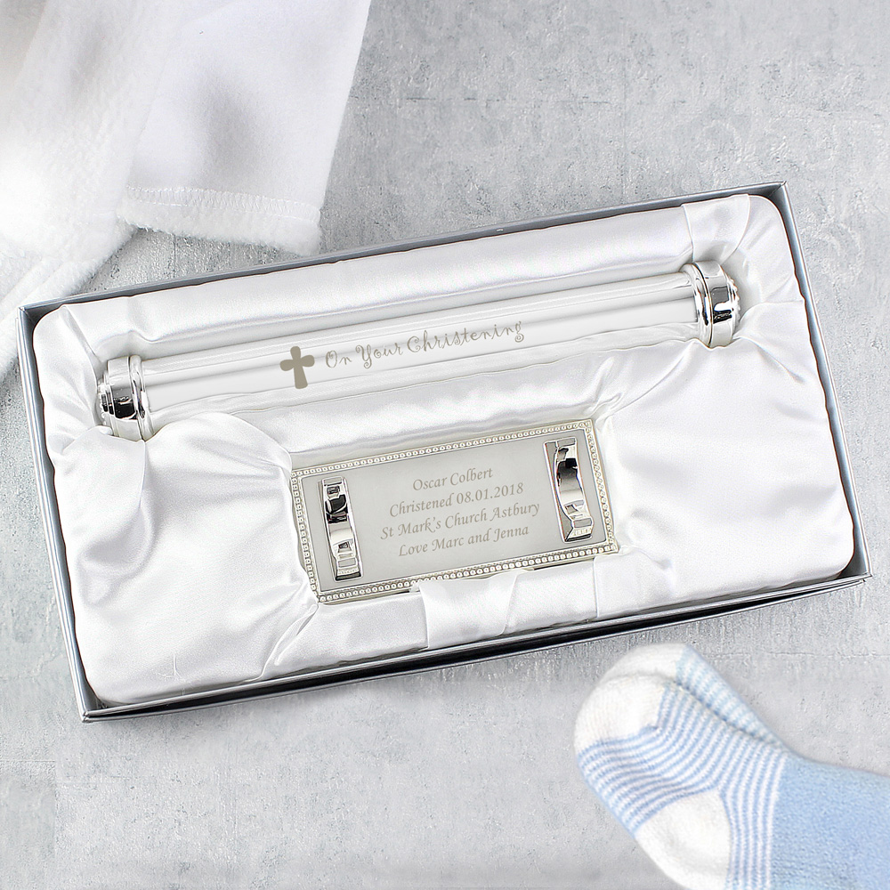 Personalised Memento Personalised Christening Cross Silver Plated Certificate Holder Image 3