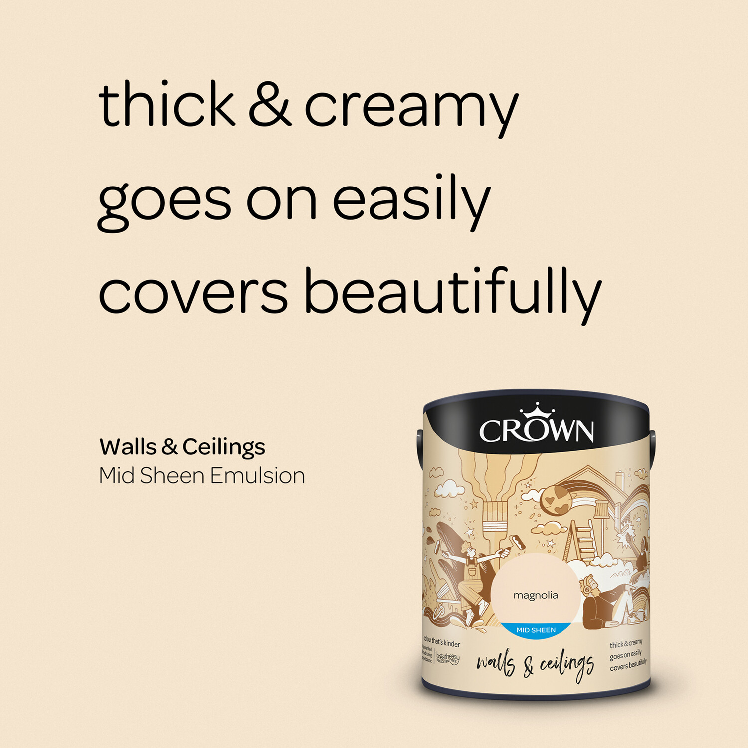 Crown Walls & Ceilings Magnolia Mid Sheen Emulsion Paint 5L Image 8