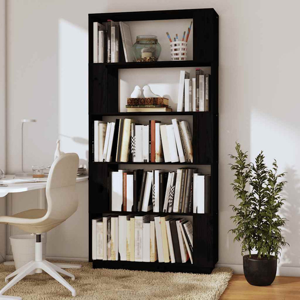 vidaXL 5 Shelf Black Solid Pine Wood Bookcase Image 7