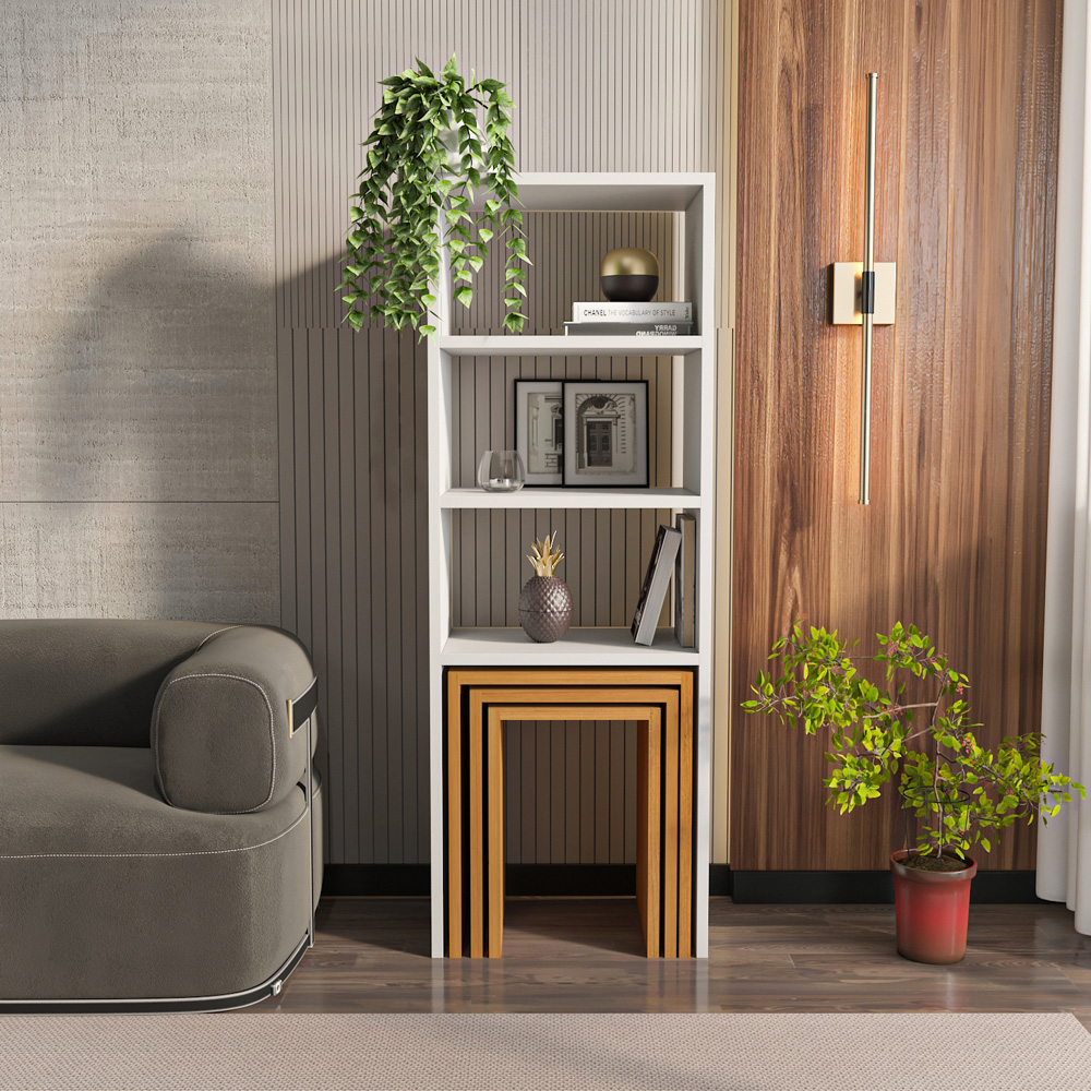 Decorotika Modern Melo 3 Shelf White Teak Bookcase with Nest of Tables Set of 3 Image 8