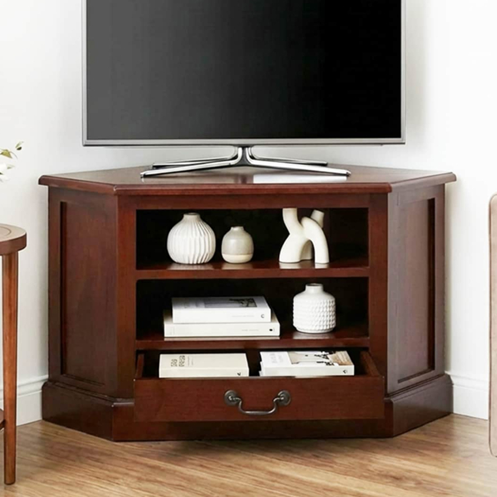 vidaXL Single Drawer 2 Shelf Brown Solid Mahogany Wood Corner TV Cabinet Image 1