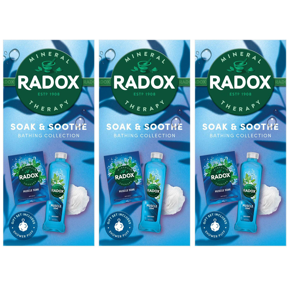 Radox Soak and Soothe Bathing Collection Muscle Soak Gel and Salts Gift Set 3 Pack Image 1
