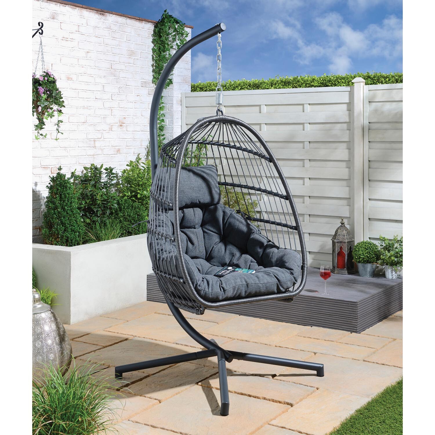 New Hampshire Dark Grey Foldable Hanging Egg Chair with Cushions Image 8