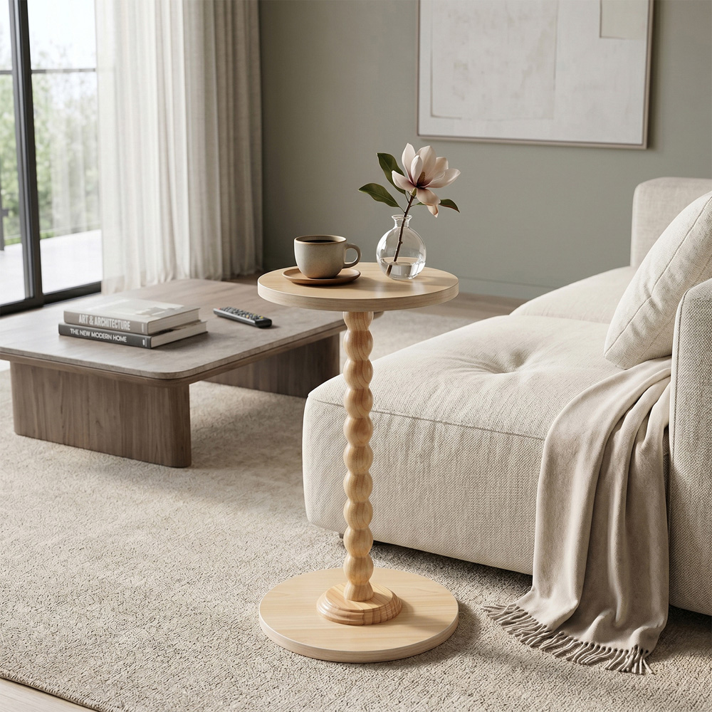 Living and Home Natural Round Spindle Pedestal Side Table Image 8
