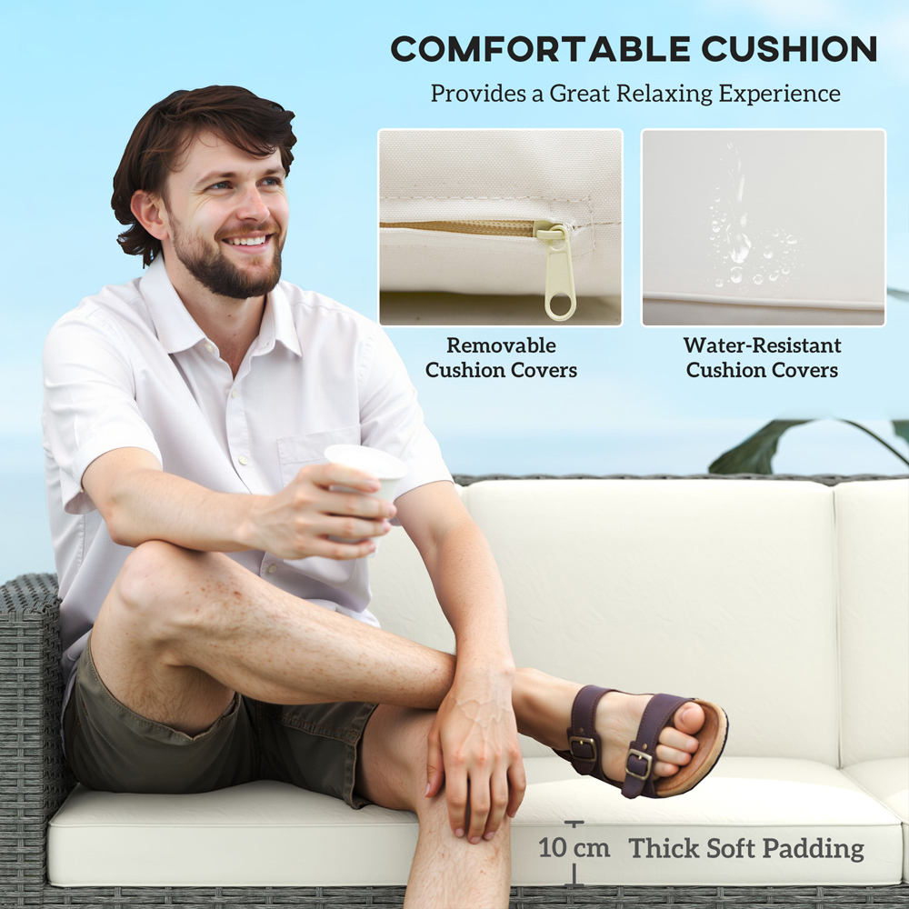 Outsunny 3 Seater Cream Cushion Rattan Wicker Patio Sofa Image 5