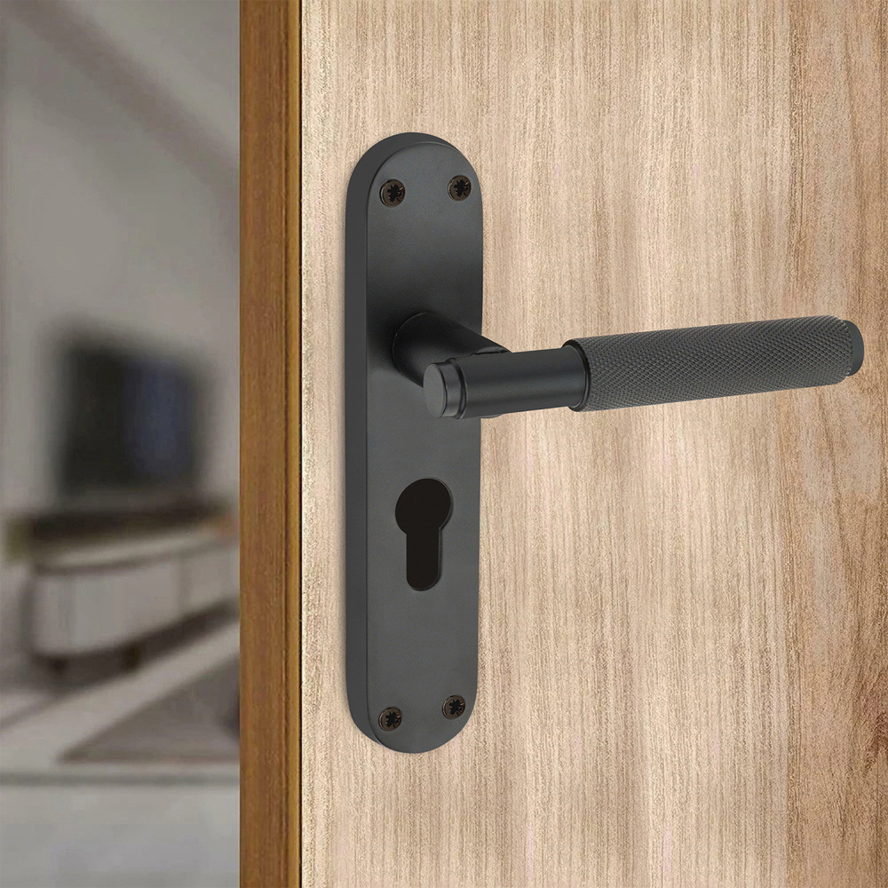 Spira Brass Connaught Matt Black Knurled Lever Door Handle with Euro Backplate 2 Pack Image 2