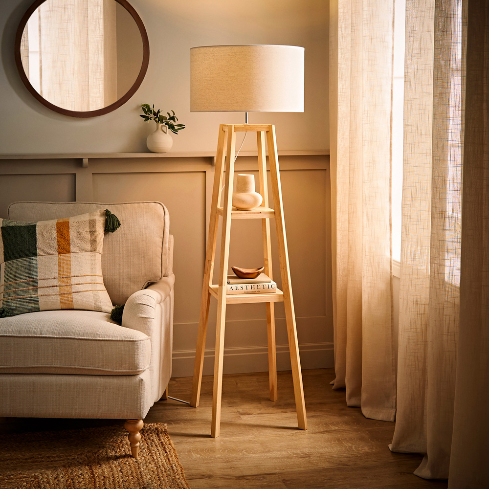 ValueLights Wakefield 2 Shelf White Edge Drum Shade Wooden LED Floor Lamp Image 6