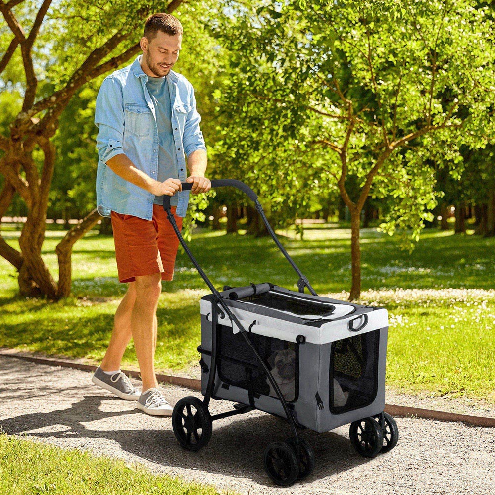 PawHut Grey Foldable Pet Stroller with Detachable Carrier Image 2