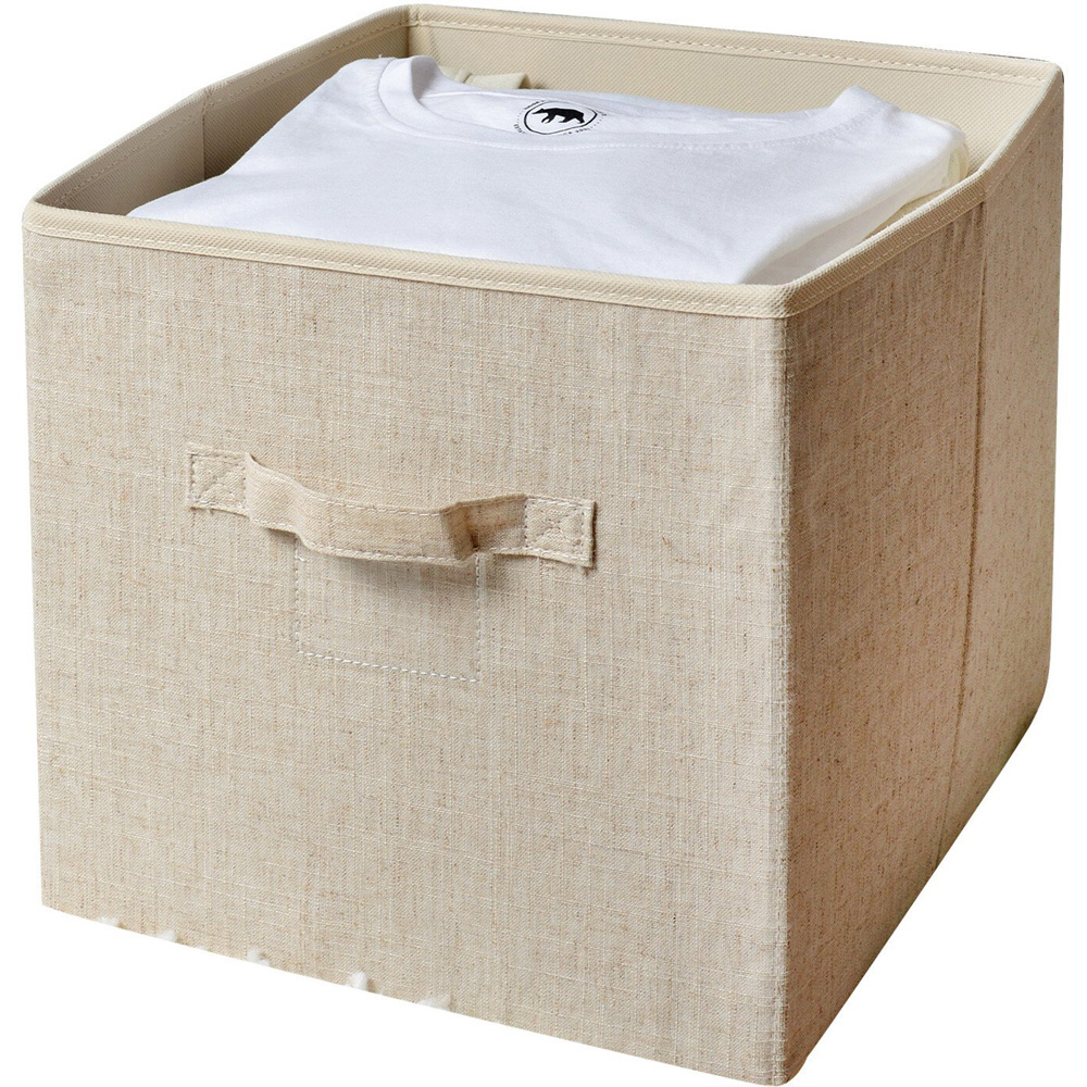 Cream Linen Cube Ottoman Storage Box Image 2
