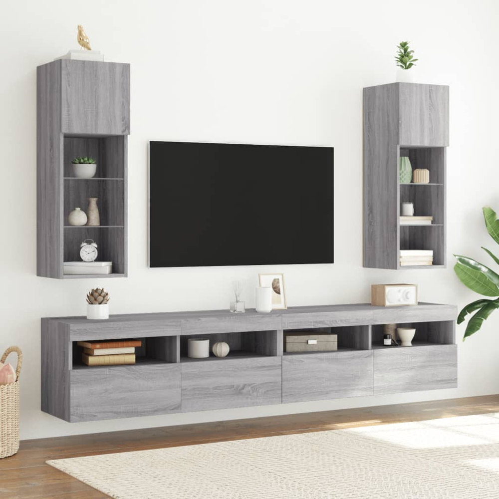 vidaXL Single Door 3 Shelf Grey Sonoma Small TV Cabinet with LED Lights Image 8