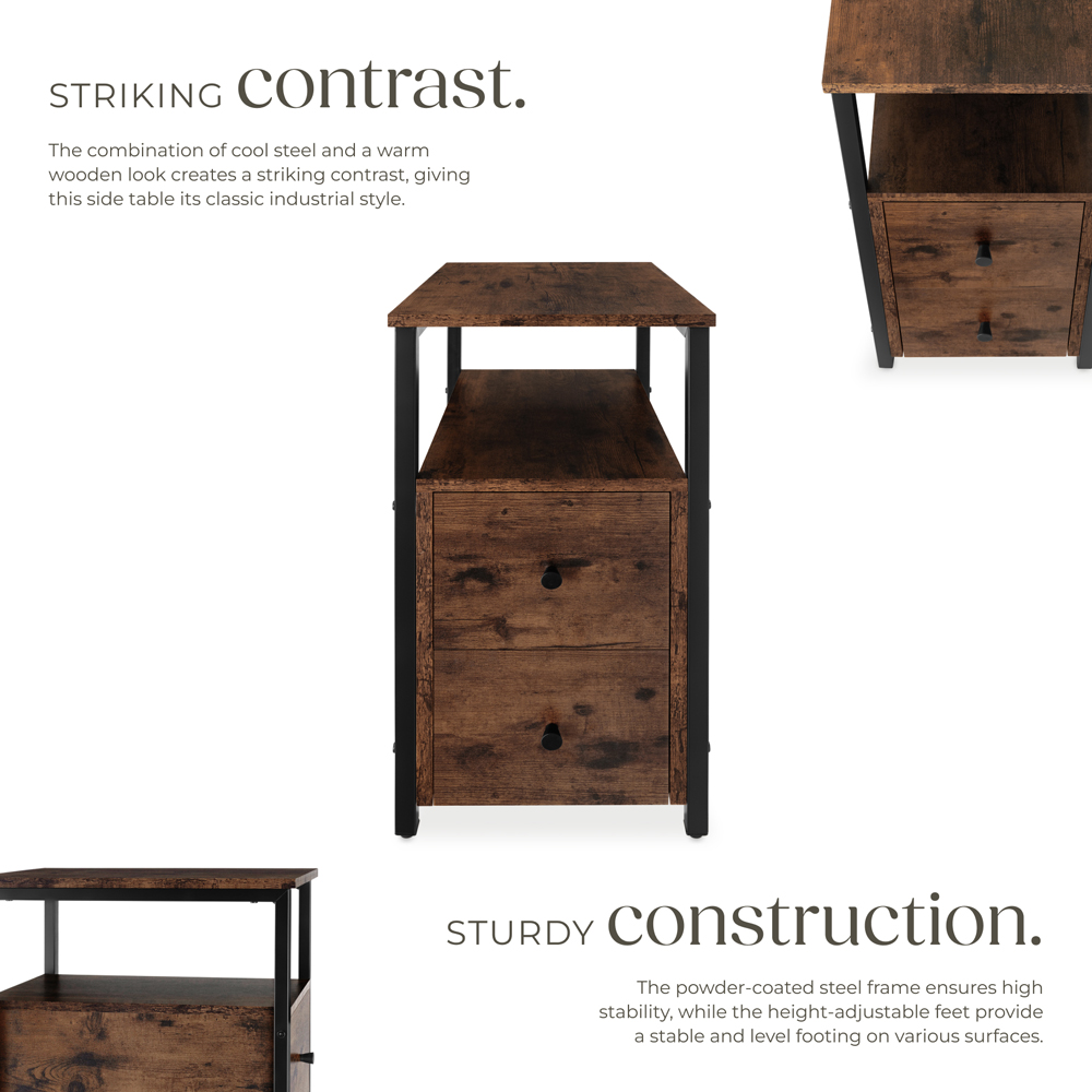 tectake Tullamore 2 Drawer Dark Industrial Wood Rustic Bedside Table Image 4