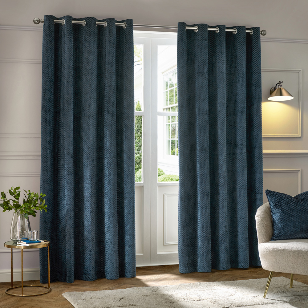 Paoletti Neptune Navy Fully Lined Velvet Eyelet Curtains 117 x 183cm Image 1