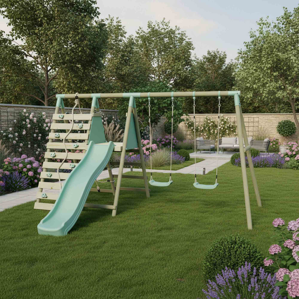 Mercia Wooden Round Pole Double Swing Set with Climbing Wall and Slide Image 2