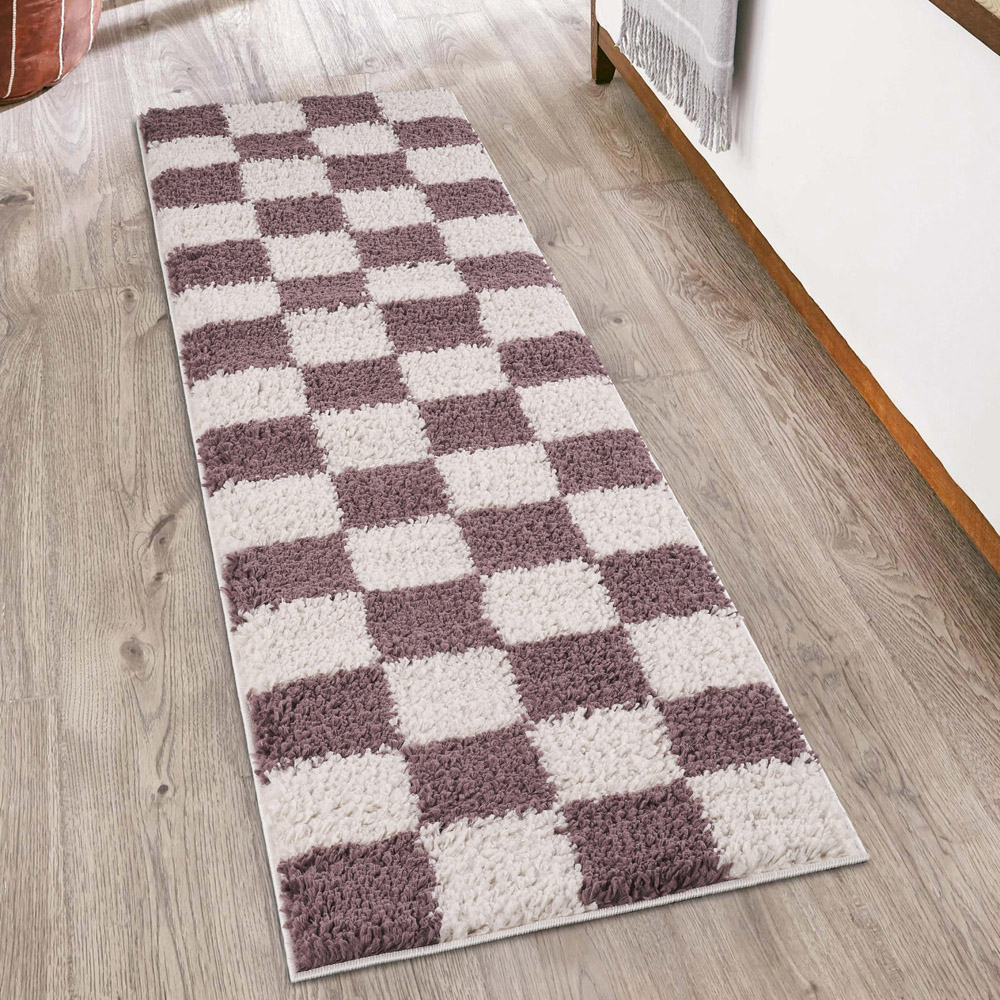Desire Rugs Chester Lilac Shaggy Checkered Rug 60 x 220cm Image 2