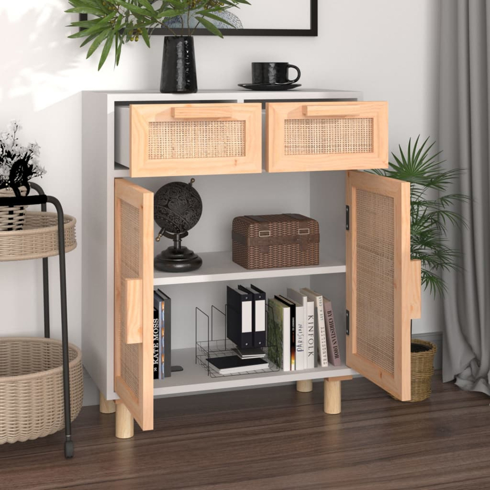 vidaXL 2 Door 2 Drawer White and Natural Rattan Solid Pine Wood Sideboard Image 7