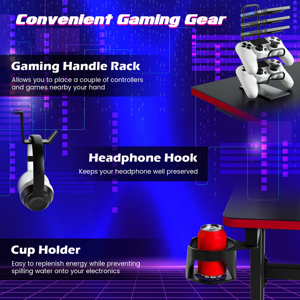 Costway Z-Shaped Computer Desk with Headphone Hook and Cup Holder Red Image 5