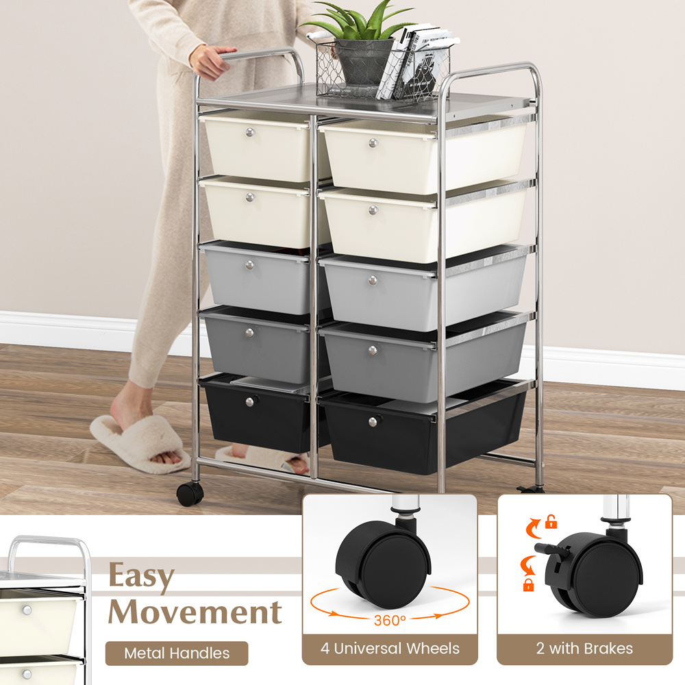 Costway 10 Drawer Black and White Storage Rolling Cart Image 6