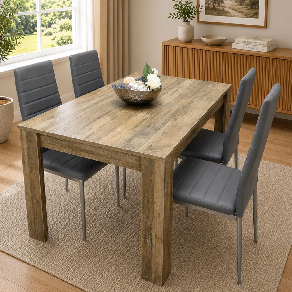 Portland 4 Seater Dining Set Rustic Effect and Grey Leather Image 1