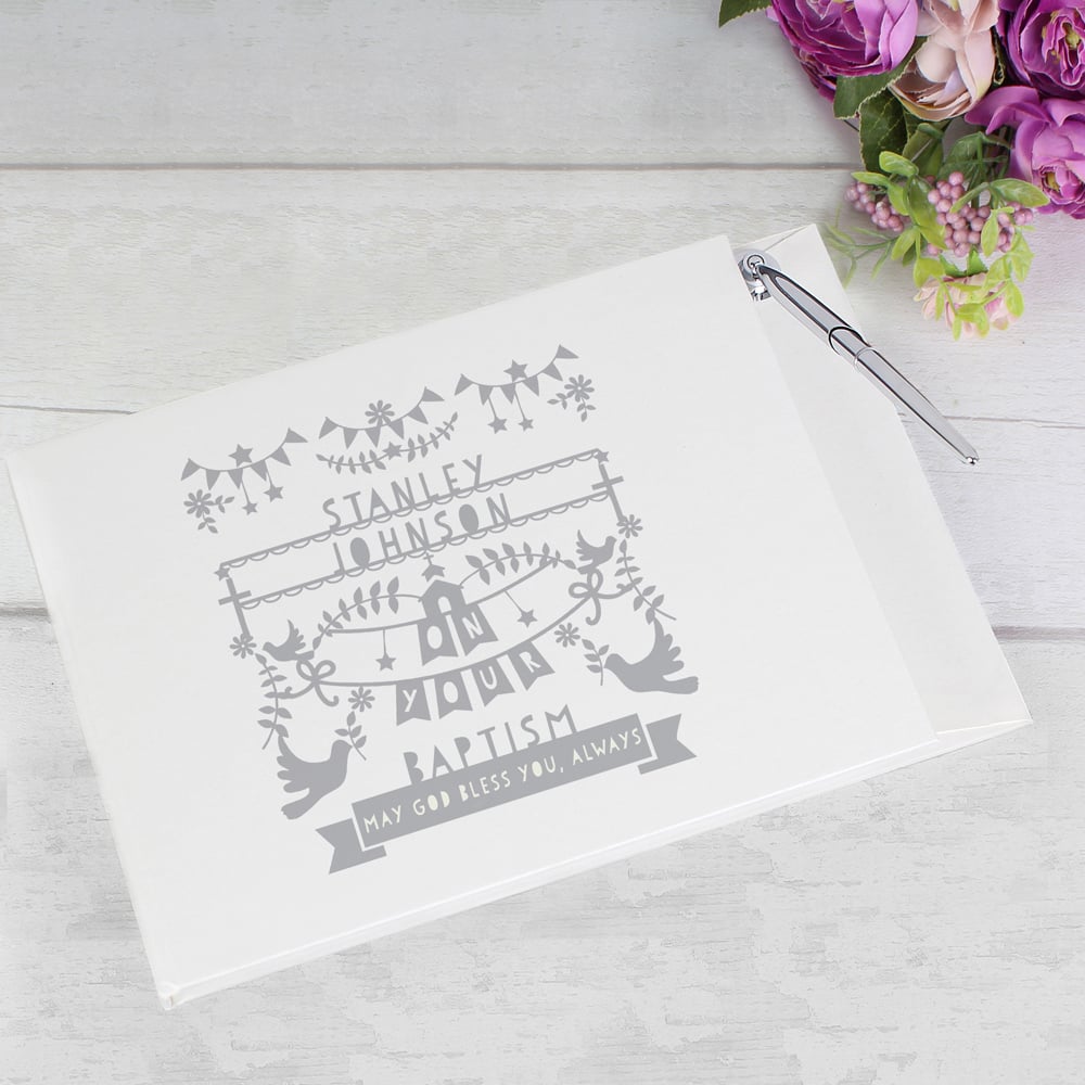 Personalised Memento Personalised Grey Papercut Style Hardback Guest Book and Pen Image 2