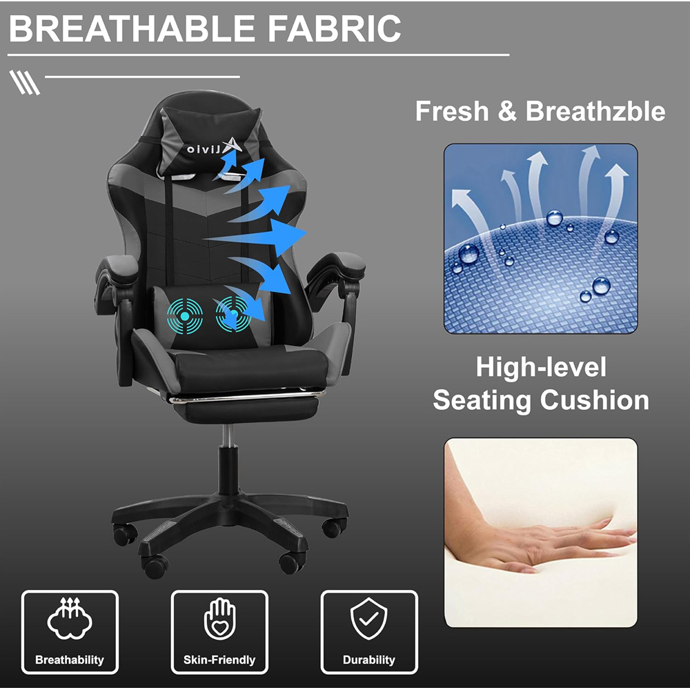 Alivio Black and Grey Ergonomic Swivel Gaming Chair with Footrest and Lumbar Support Image 7