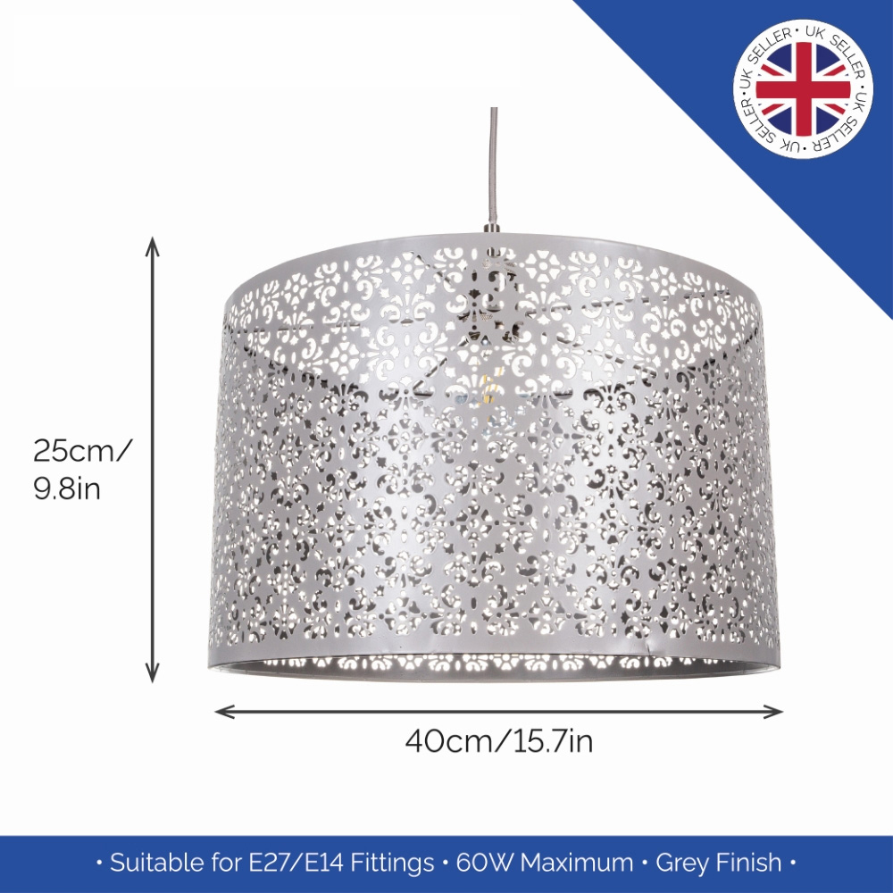 Happy Homewares Grey Metal Marrakech Designed Pendant Shade with Floral Decoration Image 5