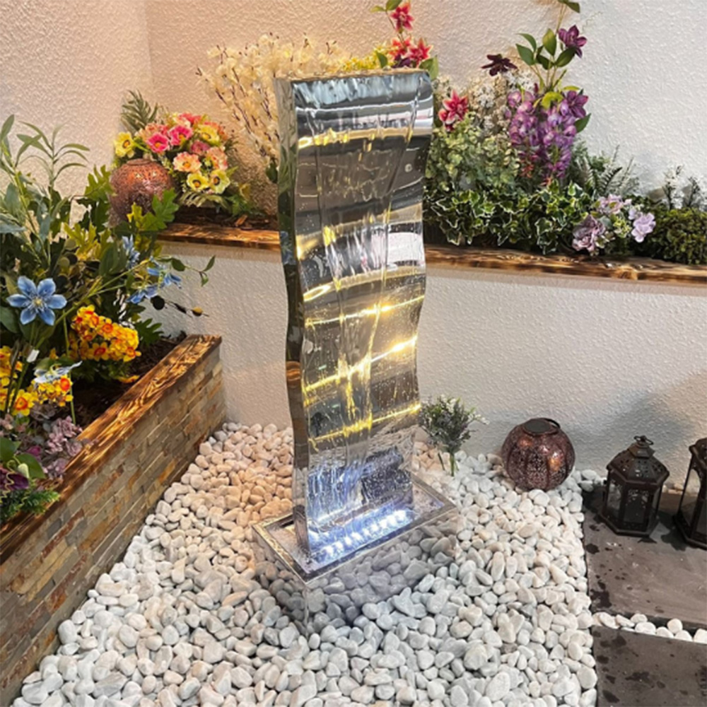 Tranquillity Small Stainless Steel Wave Solar Powered LED Water Feature Image 2