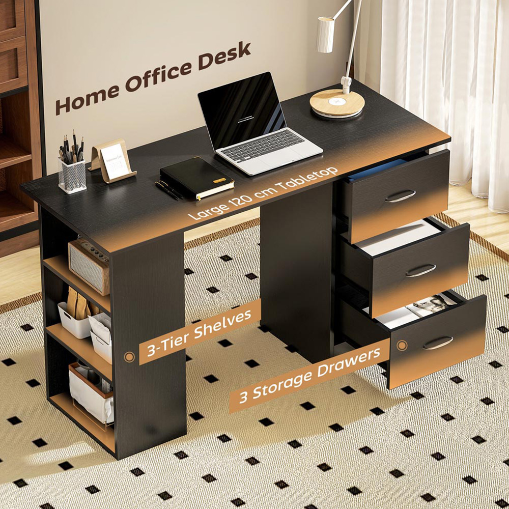 Portland 3 Drawer 3 Shelf Customisable Computer Desk Black Image 7