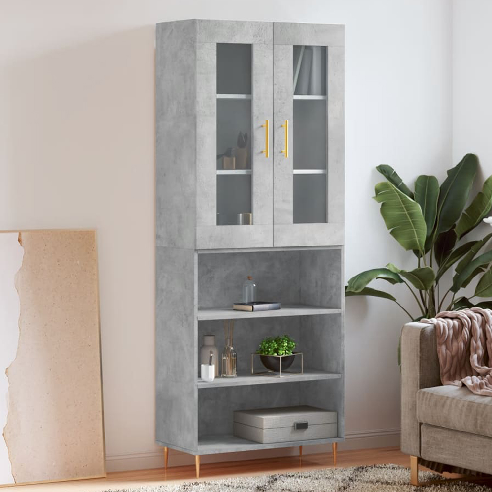 vidaXL 2 Glass Door 3 Shelf Concrete Grey Highboard with Gold Handle Image 1