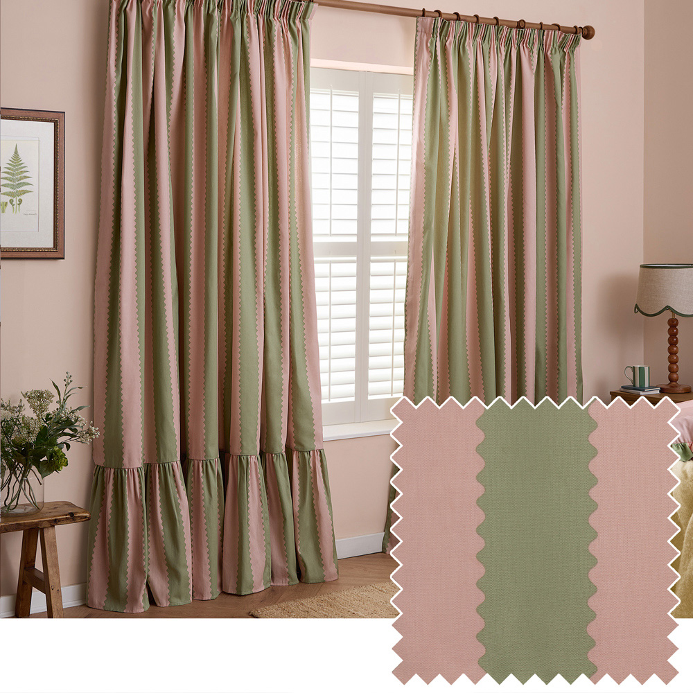 Furn Birdie Pink and Green Stripe Cotton Fully Lined Pencil Pleat Curtains 168 x 183cm Image 2