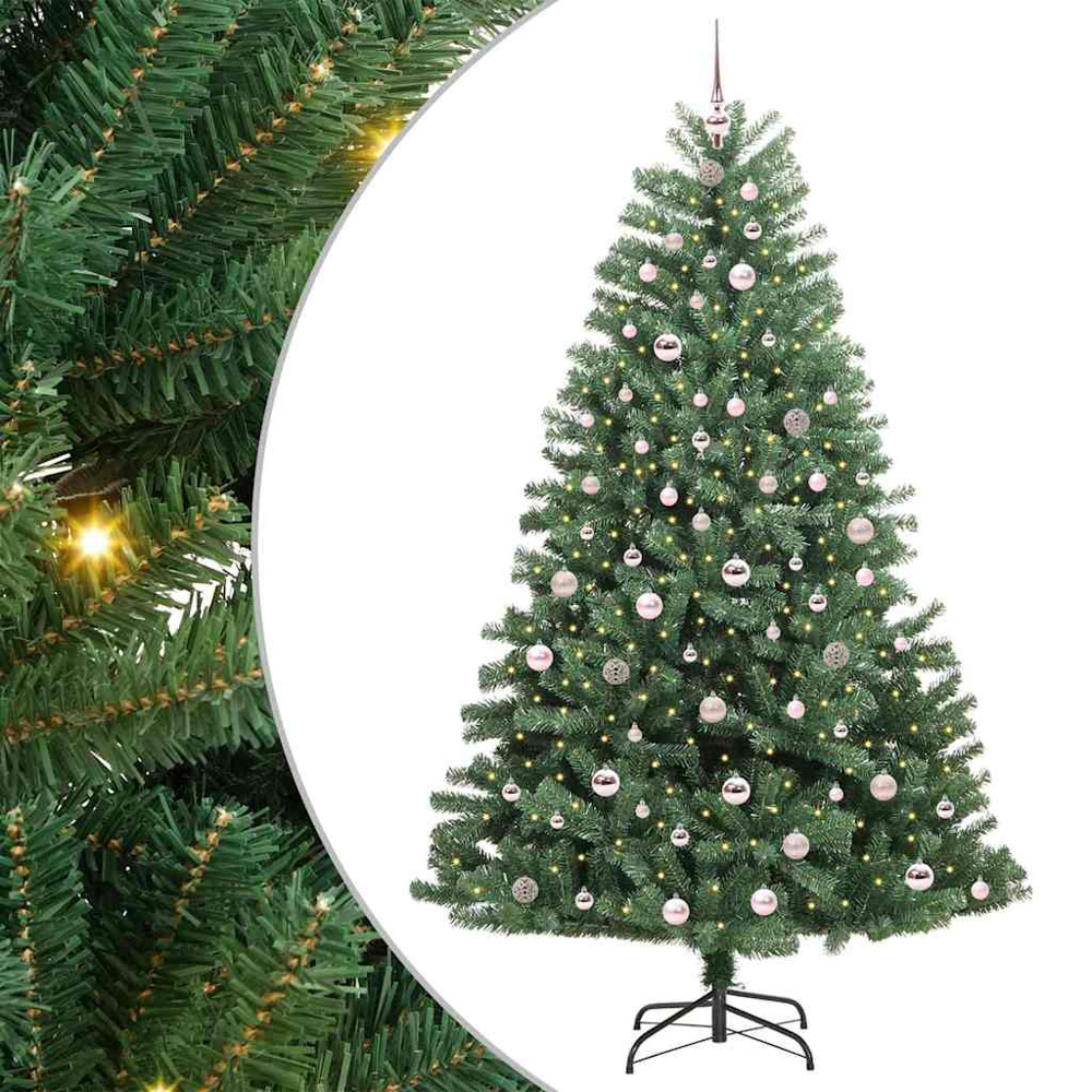 vidaXL Pre-Lit Pink Baubles Green Artificial Hinged Christmas Tree 7ft Image 2