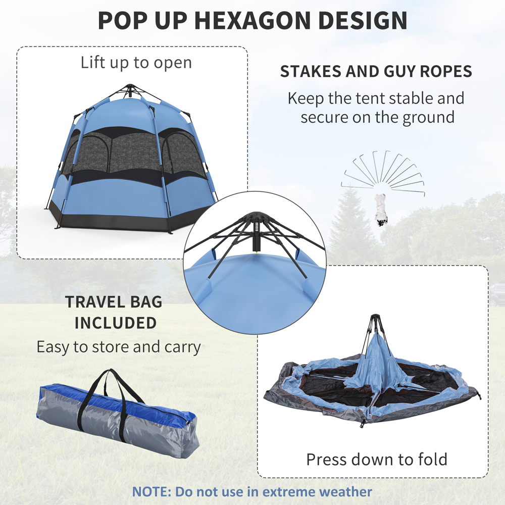 Outsunny 4 Person Hexagon Pop-Up Camping Tent Blue Image 5