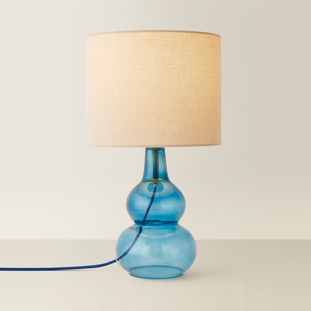 ValueLights Aida Natural Linen Tall Lamp Shade Blue Bubble Glass LED Table Lamp Image 5