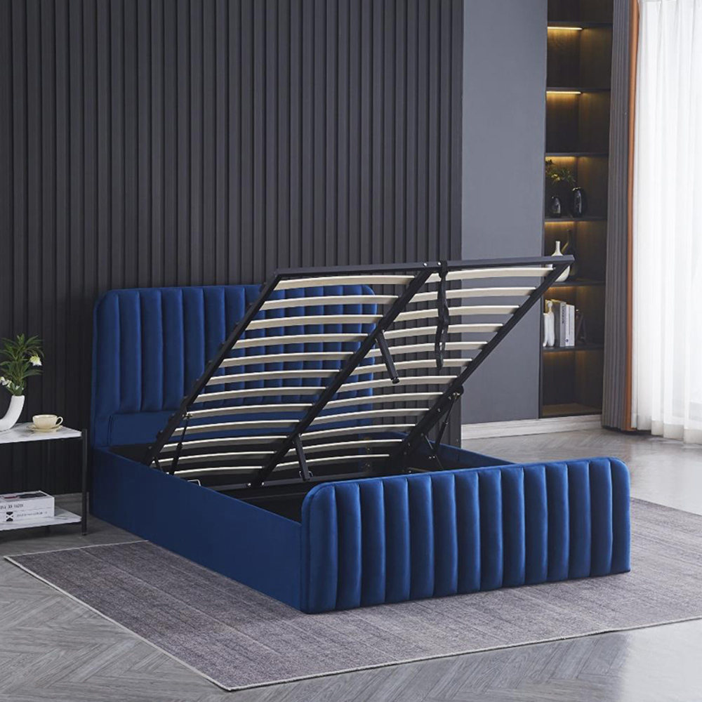 Portland Wave Small Double Blue Velvet Ottoman Bed with Mattress Image 5