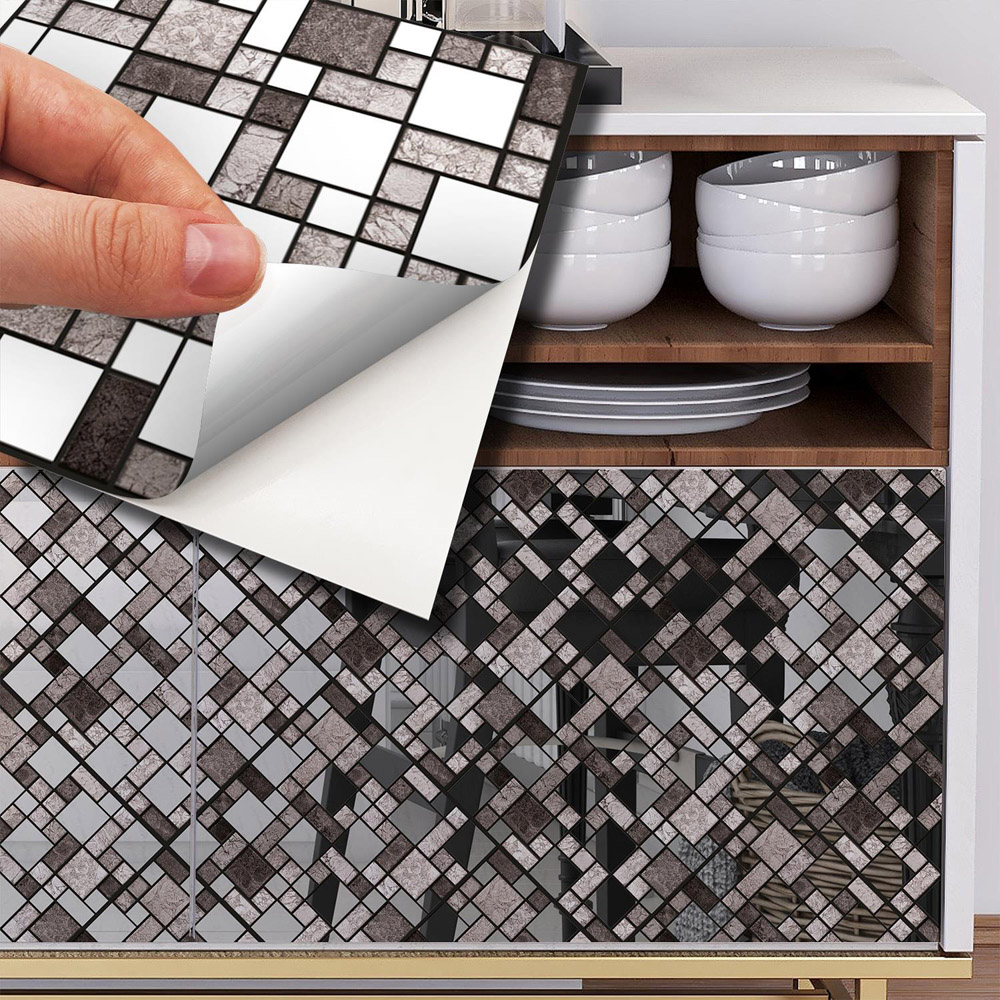Walplus Metallic Silver Grey Stone Mosaic Self Adhesive Tile Sticker 24 Pack Image 3