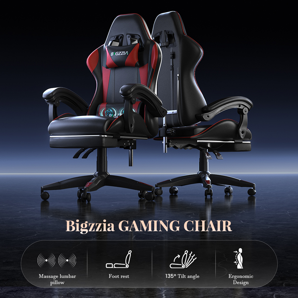 Rattrix Red Reclining Gaming Chair with Massage Lumbar Cushion and Footrest Image 3