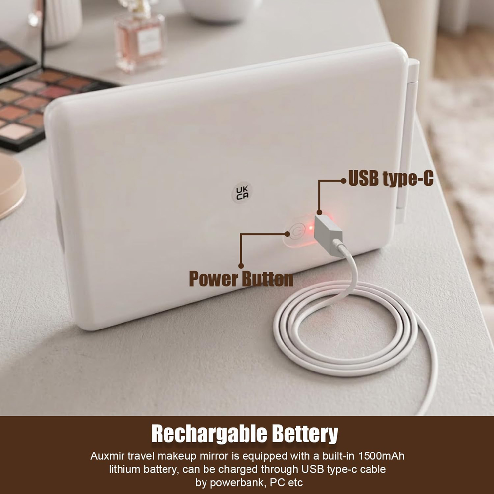 ATEK White Rechargeable LED Touch Control Travel Makeup Mirror with 10x Magnifying Insert Image 4