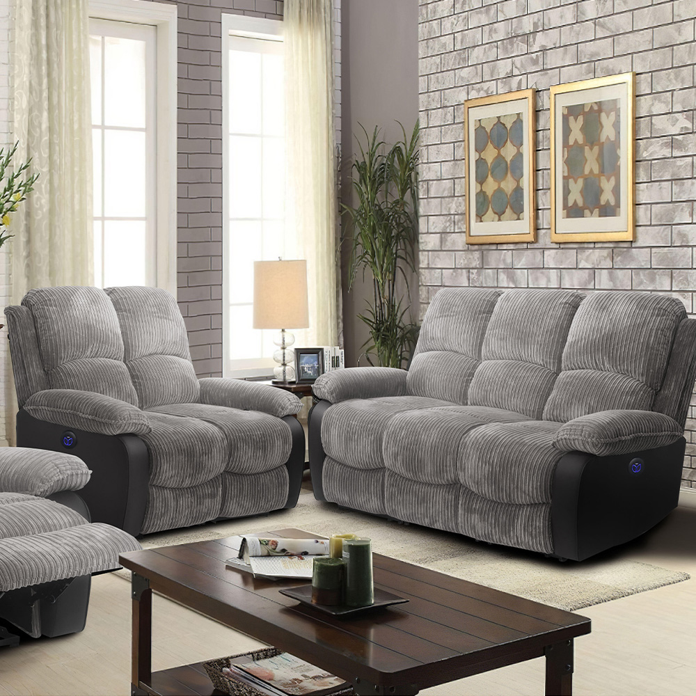 Comfy Living 5 Seater Grey Cord Fabric Electric Recliner Sofa Set Image 1