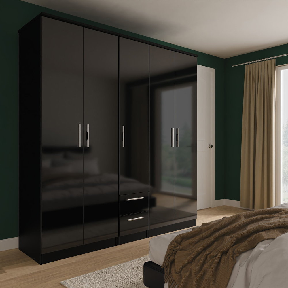 Crowndale Knightsbridge 5 Door 2 Drawer Black Gloss and Black Tall Wardrobe Ready Assembled Image 9