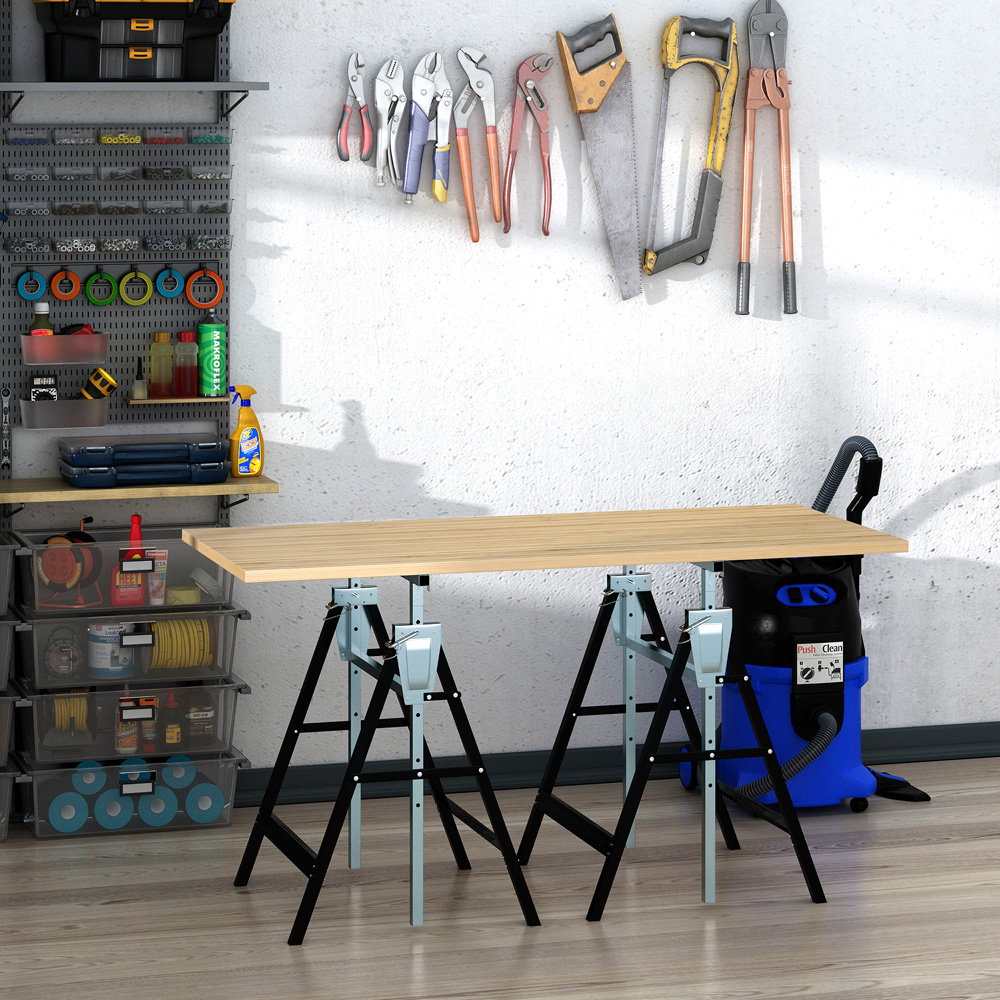 HOMCOM Black Steel Saw Horses Telescopic Builders Work Bench Set of 2 Image 2