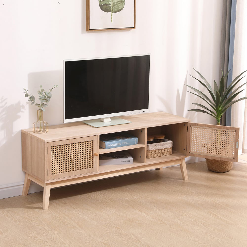 FurnitureHMD 2 Door 2 Shelf Rattan Weaving TV Unit with Pine Wood Legs Image 6
