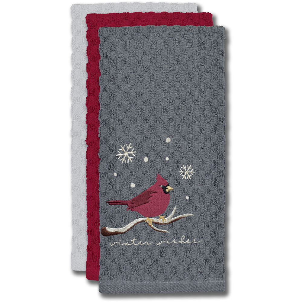 Noel Square Winter Robin Grey Tea Towel 3 Pack Image 3