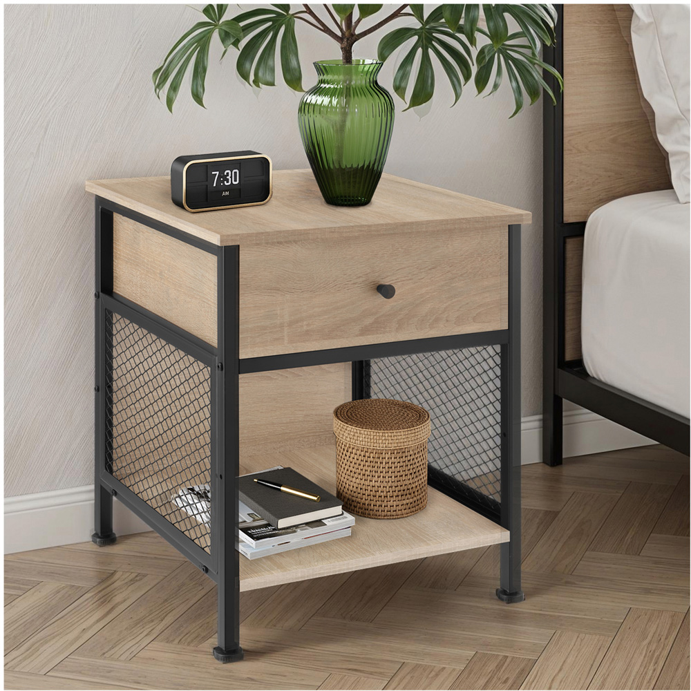 tectake Killarney Single Drawer Light Industrial Wood Bedside Table Image 2