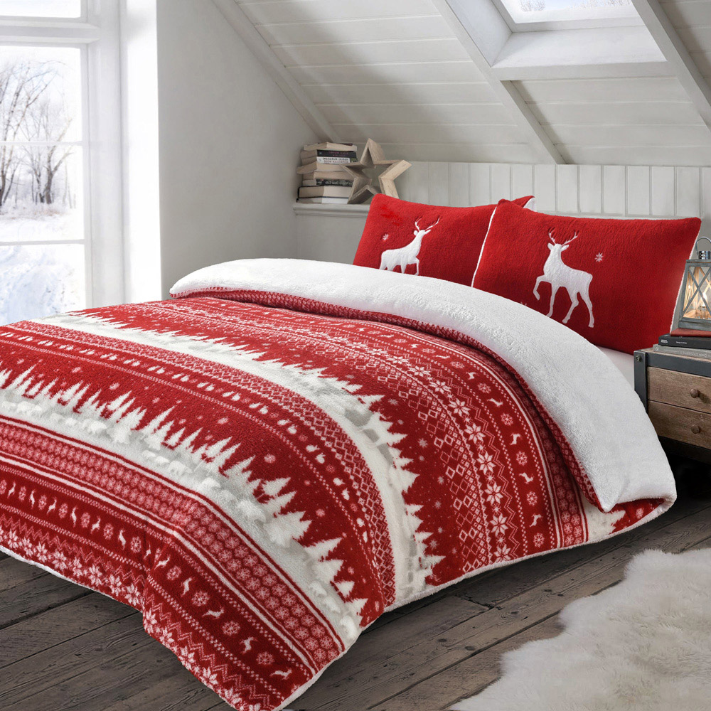 Velosso Double Red Nordic Teddy Fleece Duvet Cover Set Image 1