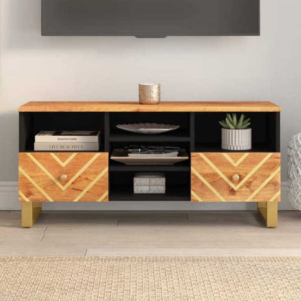 vidaXL 2 Drawer 5 Shelf Brown and Black Solid Wood Mango TV Cabinet Image 1