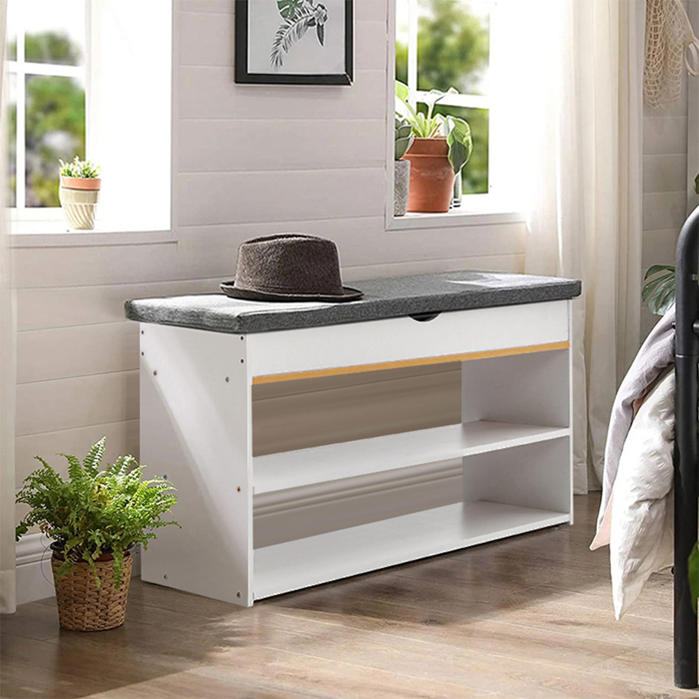 Living and Home 2 Shelf White Shoe Storage Bench with Hidden Compartment Image 7